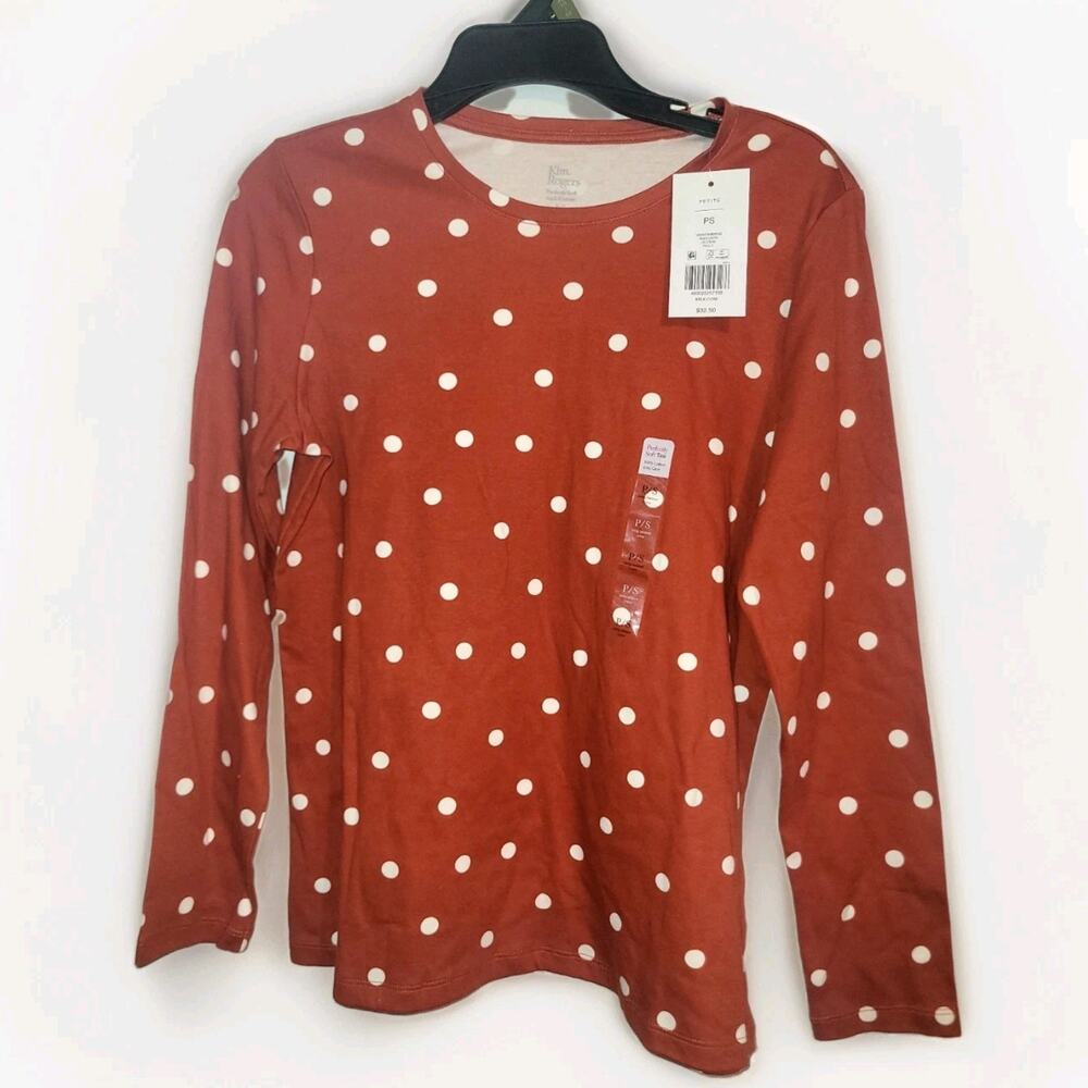 Kim Rogers Perfectly Soft 100% Cotton Sz P/S Rust Orange Polka Dot T-Shirt